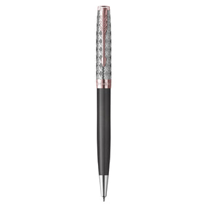 Parker Sonnet Premium ballpoint standing upright with engraved metal cap, grey satin barrel and pink gold trims
