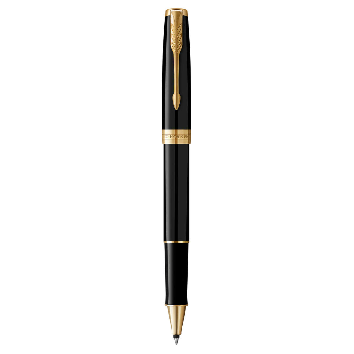 Parker Sonnet rollerball pen in black lacquer standing uncapped, gold trims and gold-toned tip cone
