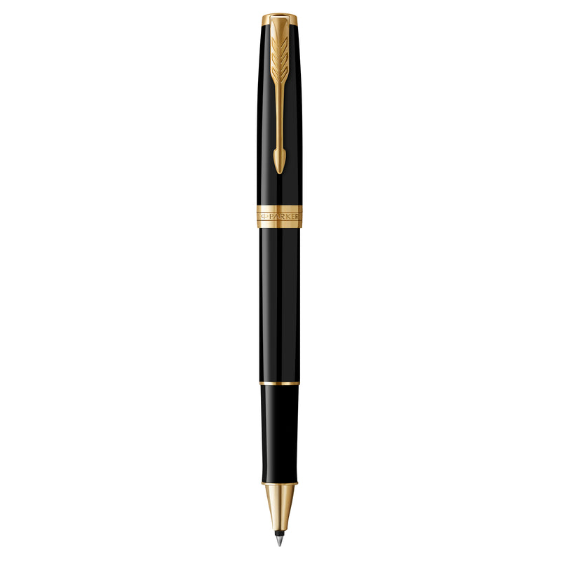Parker Sonnet rollerball pen in black lacquer standing uncapped, gold trims and gold-toned tip cone