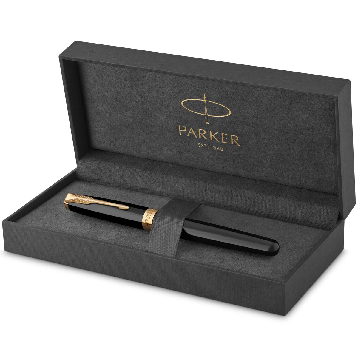 Black and gold Sonnet rollerball in an open grey Parker premium gift box