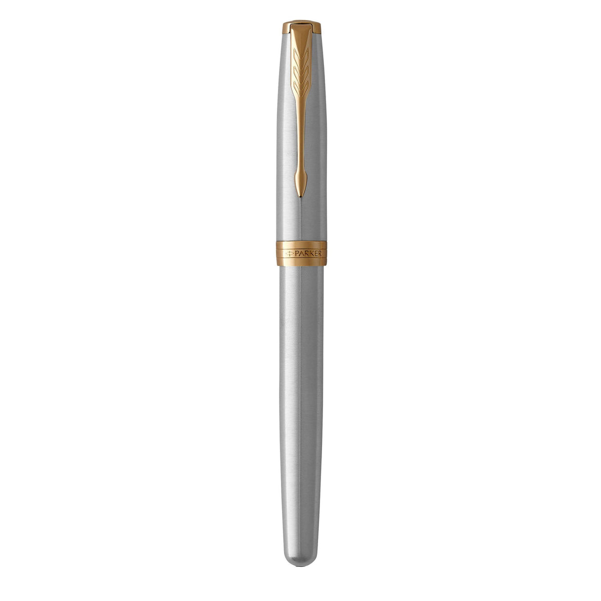 Stainless steel Sonnet rollerball standing capped, gold arrow clip and engraved gold band
