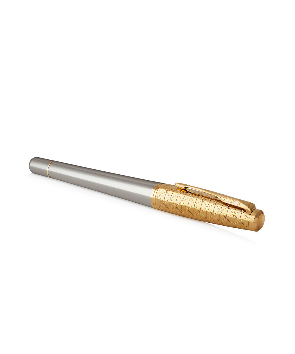 Parker Urban Premium fountain pen lying horizontally and fully capped, showing the full length of the brushed steel barrel and the gold arrow clip.