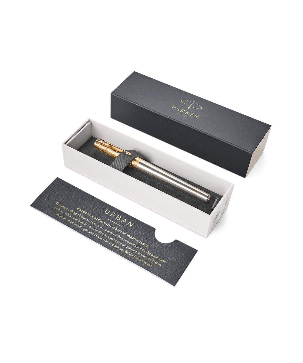Parker Urban Premium fountain pen presented in its open dark grey Parker gift box with the Urban range leaflet alongside, as supplied.