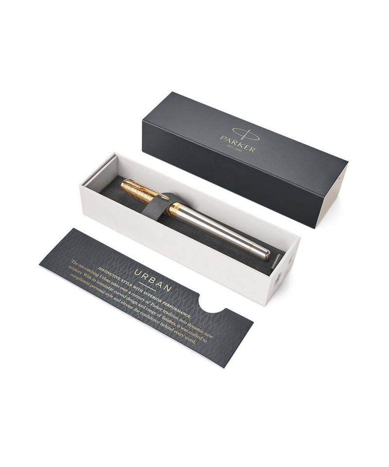 Parker Urban Premium fountain pen presented in its open dark grey Parker gift box with the Urban range leaflet alongside, as supplied.