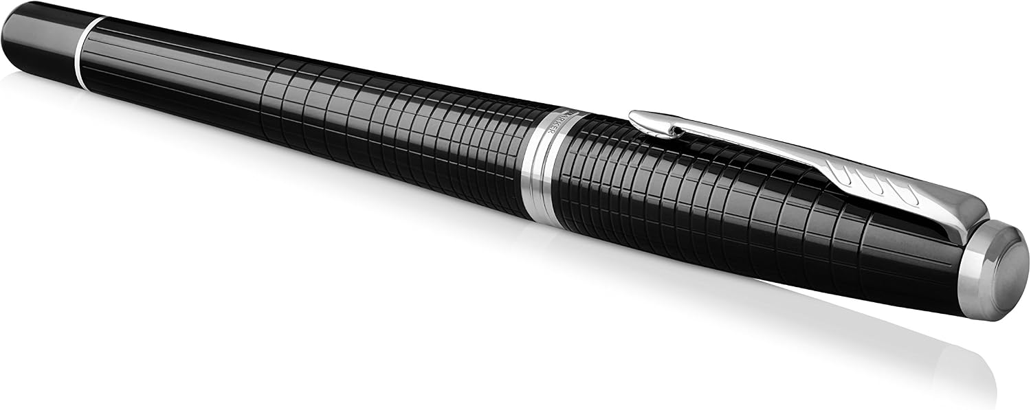 Parker Urban Premium rollerball pen shown capped at an angle, showing the deep chiselled grid pattern across the ebony barrel and the chrome arrow clip and cap band.