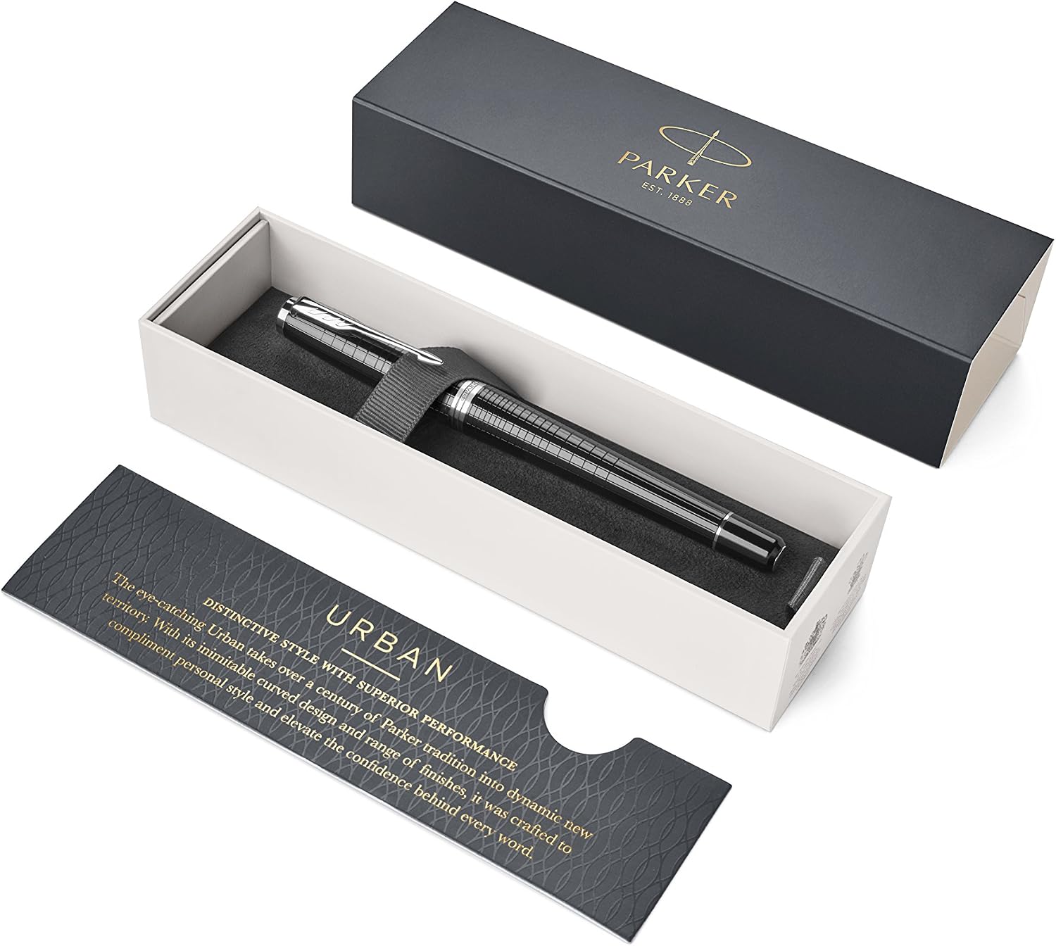 Parker Urban Premium rollerball pen presented in its open dark grey Parker gift box with the Urban range leaflet alongside, as supplied.