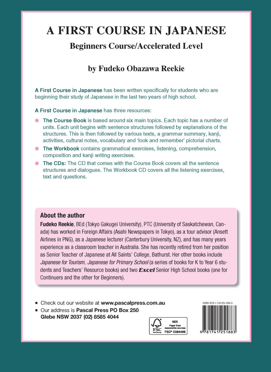 Back cover of A First Course in Japanese Beginners Course Accelerated Level Course Book as shown in the Pascal Press product gallery