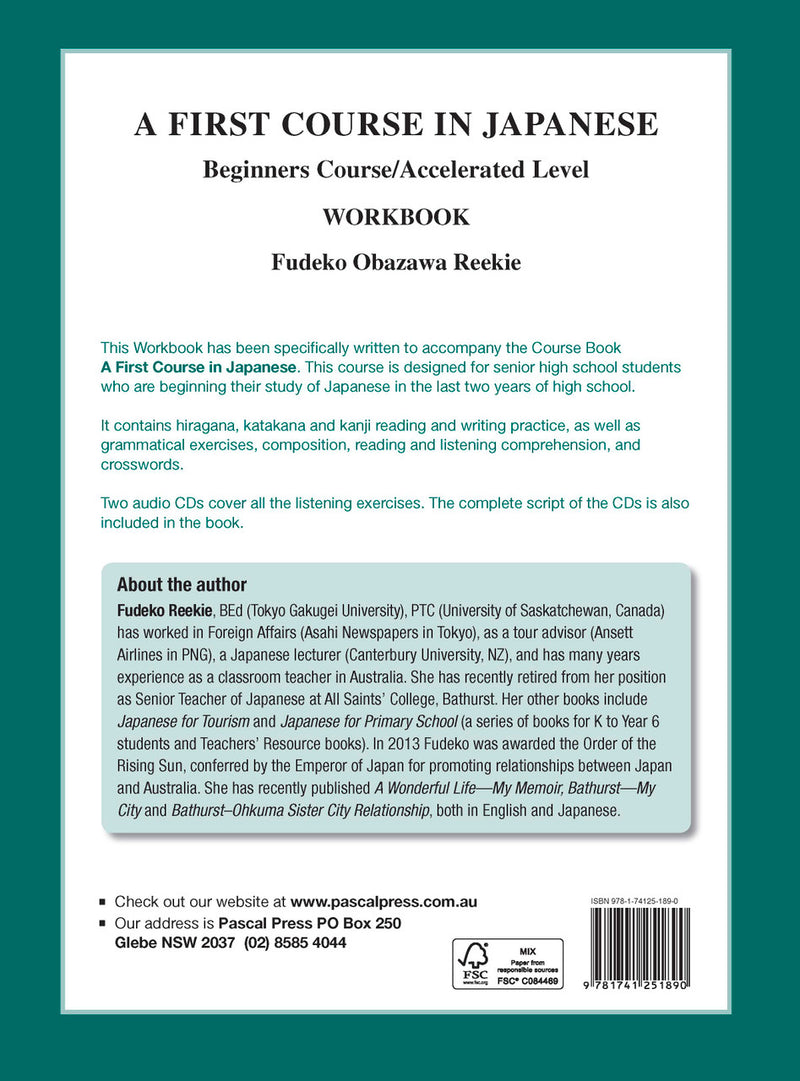 Back cover of A First Course in Japanese Beginners Course Accelerated Level Workbook as shown in the Pascal Press product gallery