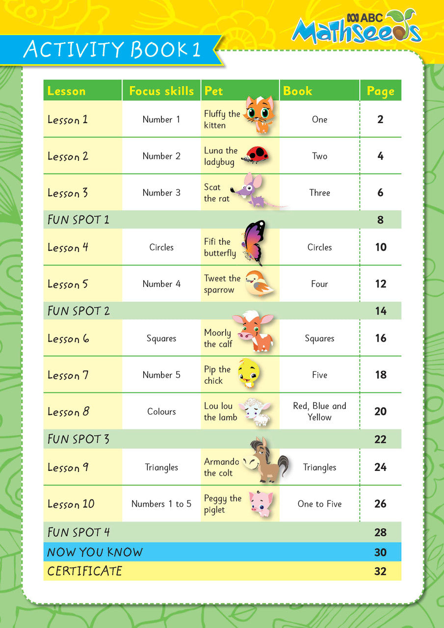 Sample page from ABC Mathseeds Activity Book 1 showing early maths activities for Level 1 Starting Out learners aged 3-5