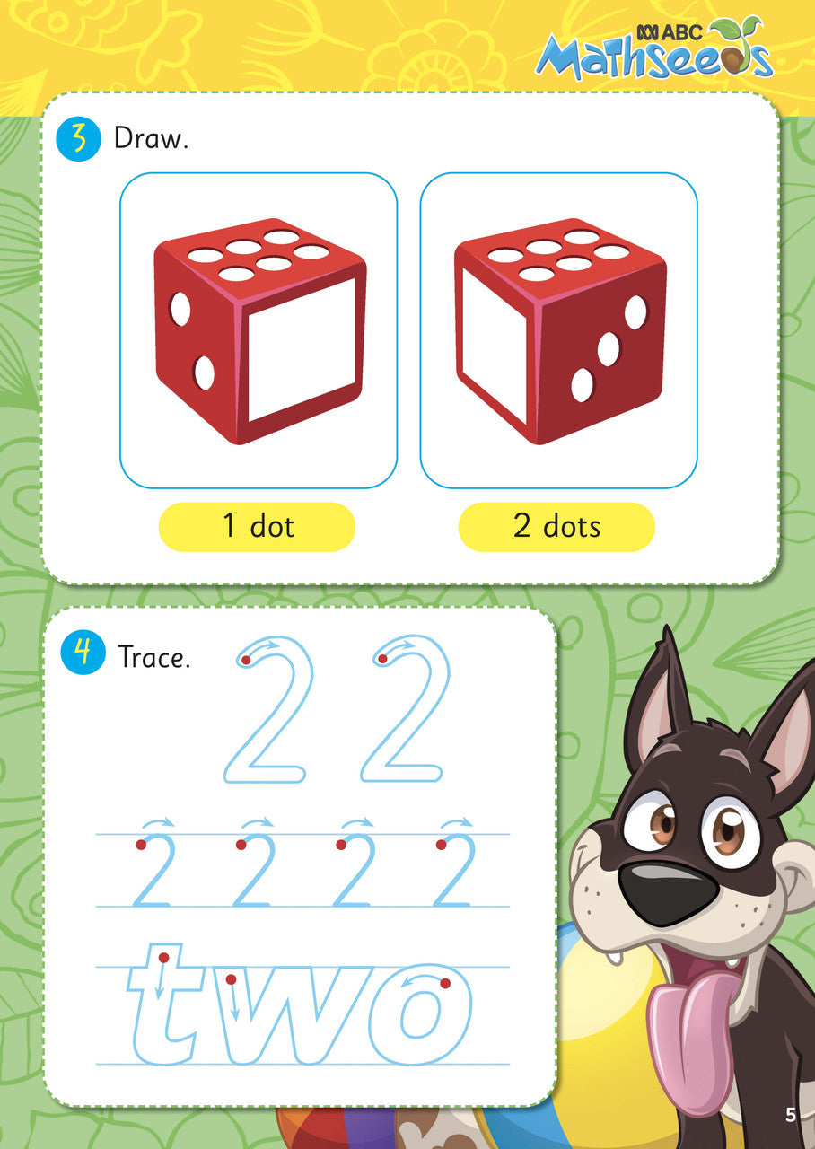 Sample page from ABC Mathseeds Activity Book 1 showing early maths activities for Level 1 Starting Out learners aged 3-5