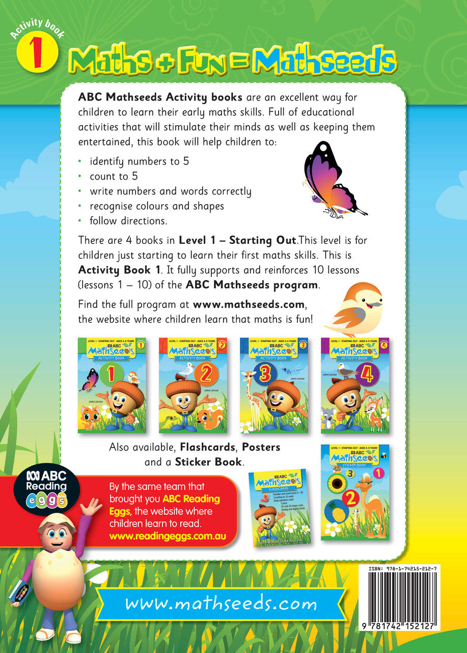 Sample page from ABC Mathseeds Activity Book 1 showing early maths activities for Level 1 Starting Out learners aged 3-5