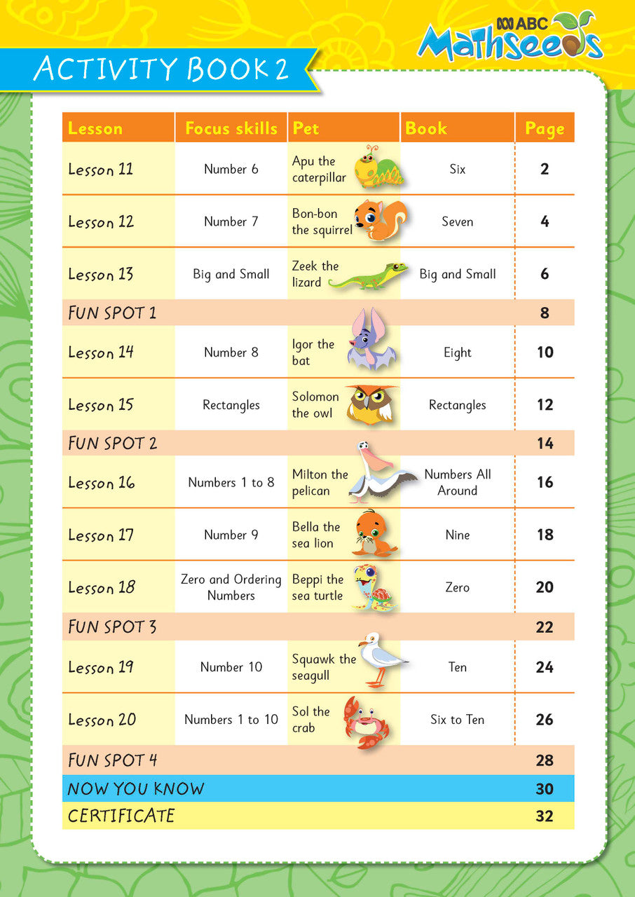 Sample page from ABC Mathseeds Activity Book 2 showing early maths activities for Level 1 Starting Out learners aged 3-5