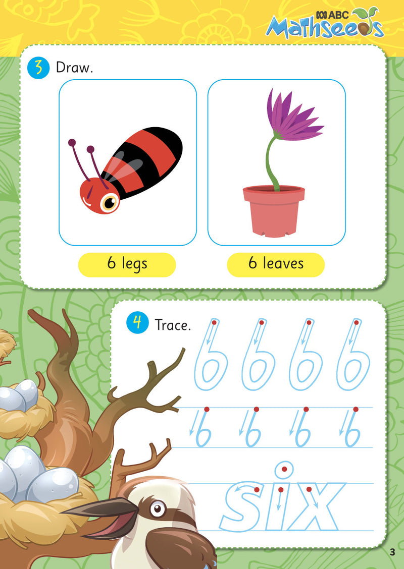 Sample page from ABC Mathseeds Activity Book 2 showing early maths activities for Level 1 Starting Out learners aged 3-5
