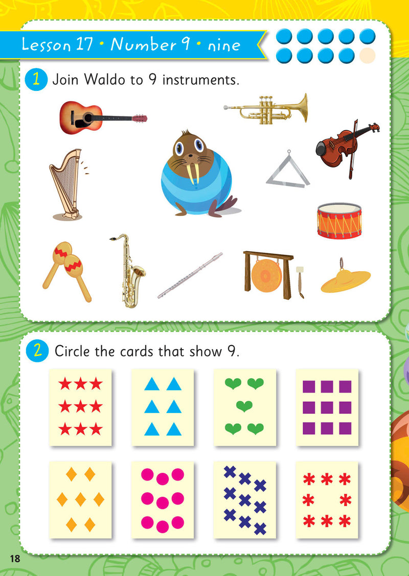 Sample page from ABC Mathseeds Activity Book 2 showing early maths activities for Level 1 Starting Out learners aged 3-5