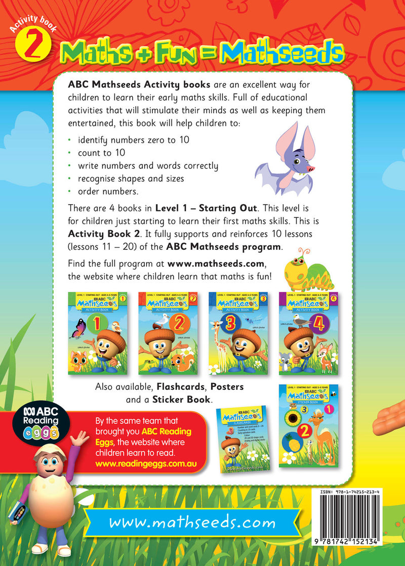 Sample page from ABC Mathseeds Activity Book 2 showing early maths activities for Level 1 Starting Out learners aged 3-5
