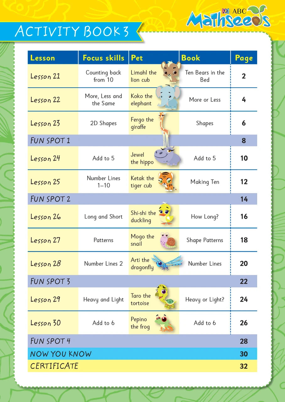 Sample page from ABC Mathseeds Activity Book 3 showing early maths activities for Level 1 Starting Out learners aged 3-5