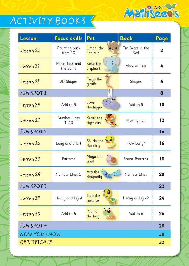 Sample page from ABC Mathseeds Activity Book 3 showing early maths activities for Level 1 Starting Out learners aged 3-5