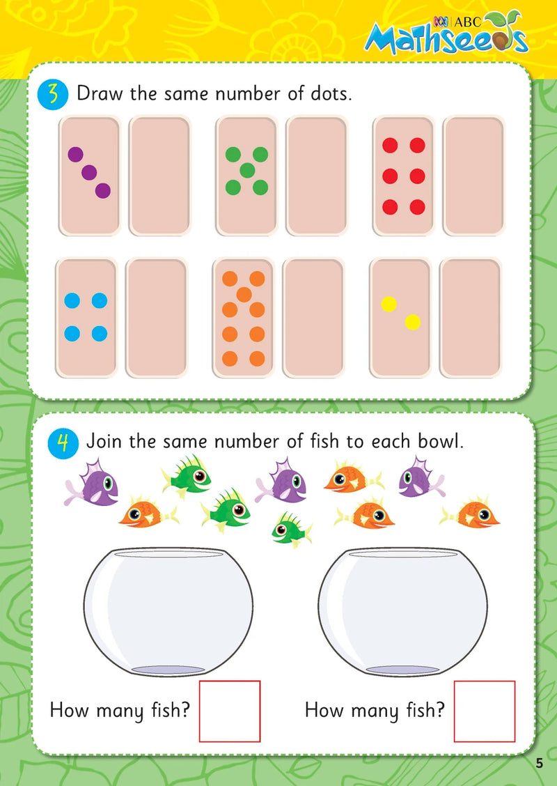 Sample page from ABC Mathseeds Activity Book 3 showing early maths activities for Level 1 Starting Out learners aged 3-5