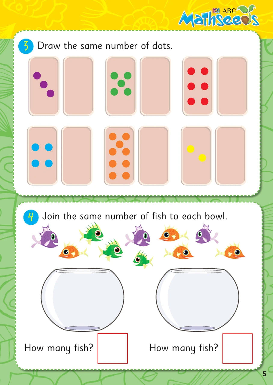 Sample page from ABC Mathseeds Activity Book 3 showing early maths activities for Level 1 Starting Out learners aged 3-5