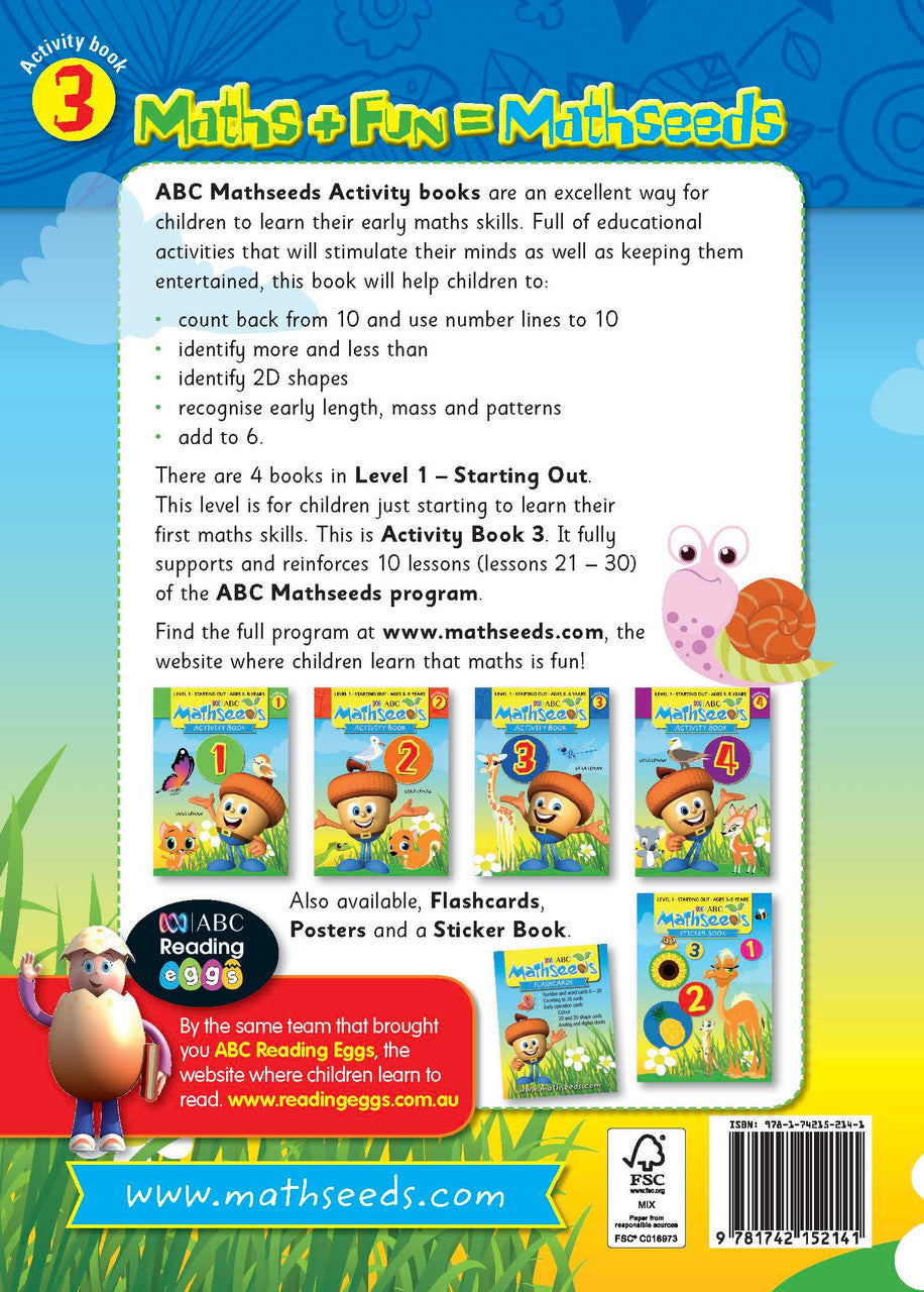 Sample page from ABC Mathseeds Activity Book 3 showing early maths activities for Level 1 Starting Out learners aged 3-5
