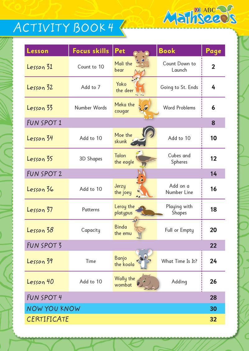 Sample page from ABC Mathseeds Activity Book 4 showing early maths activities for Level 1 Starting Out learners aged 3-5
