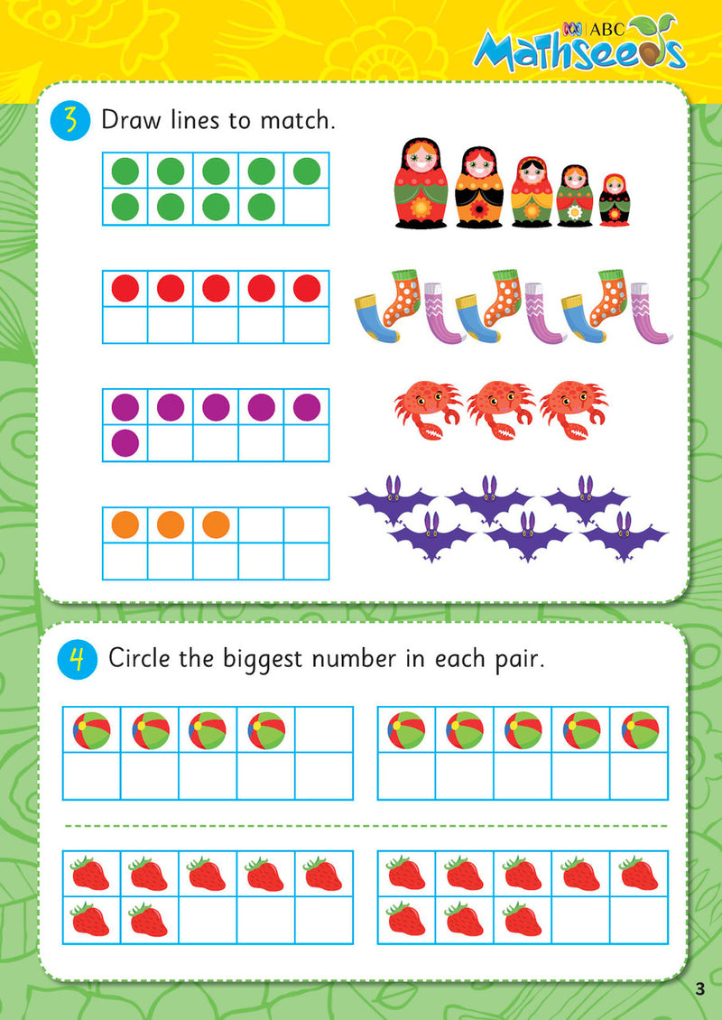 Sample page from ABC Mathseeds Activity Book 4 showing early maths activities for Level 1 Starting Out learners aged 3-5