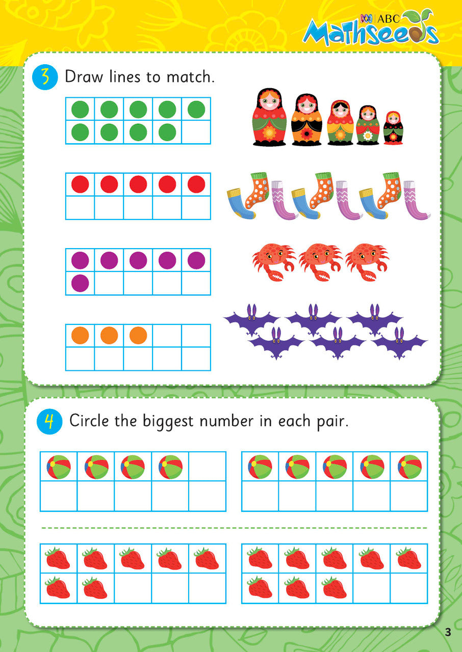 Sample page from ABC Mathseeds Activity Book 4 showing early maths activities for Level 1 Starting Out learners aged 3-5