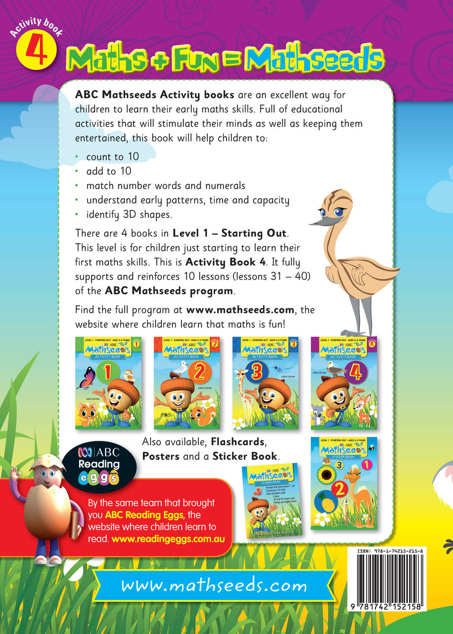 Sample page from ABC Mathseeds Activity Book 4 showing early maths activities for Level 1 Starting Out learners aged 3-5