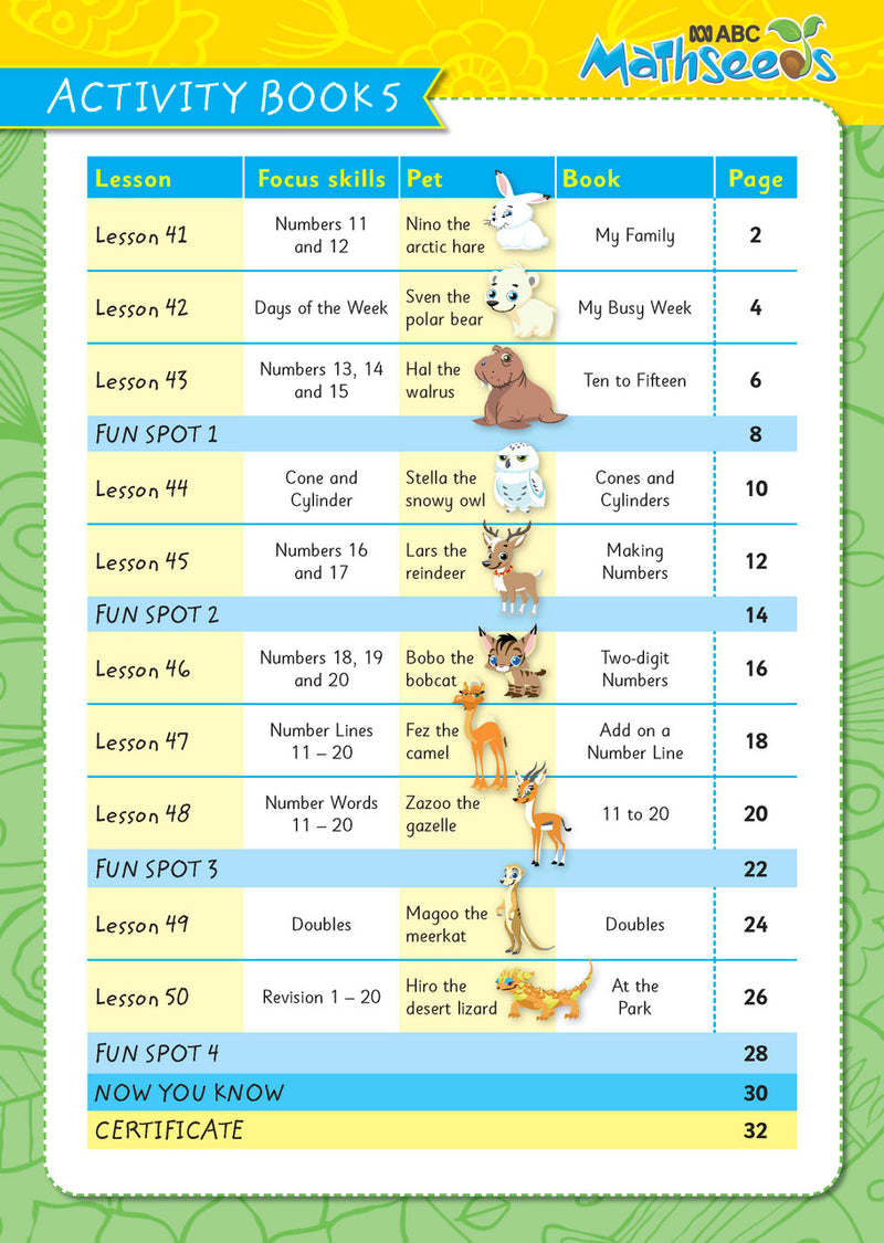 Sample page from ABC Mathseeds Activity Book 5 showing early maths activities for Level 2 Skill Building learners aged 4-6