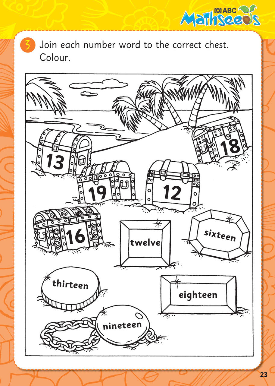 Sample page from ABC Mathseeds Activity Book 5 showing early maths activities for Level 2 Skill Building learners aged 4-6