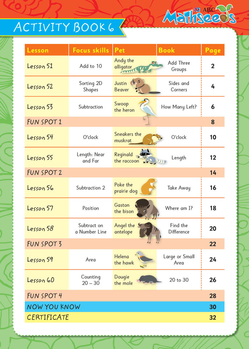 Sample page from ABC Mathseeds Activity Book 6 showing early maths activities for Level 2 Skill Building learners aged 4-6