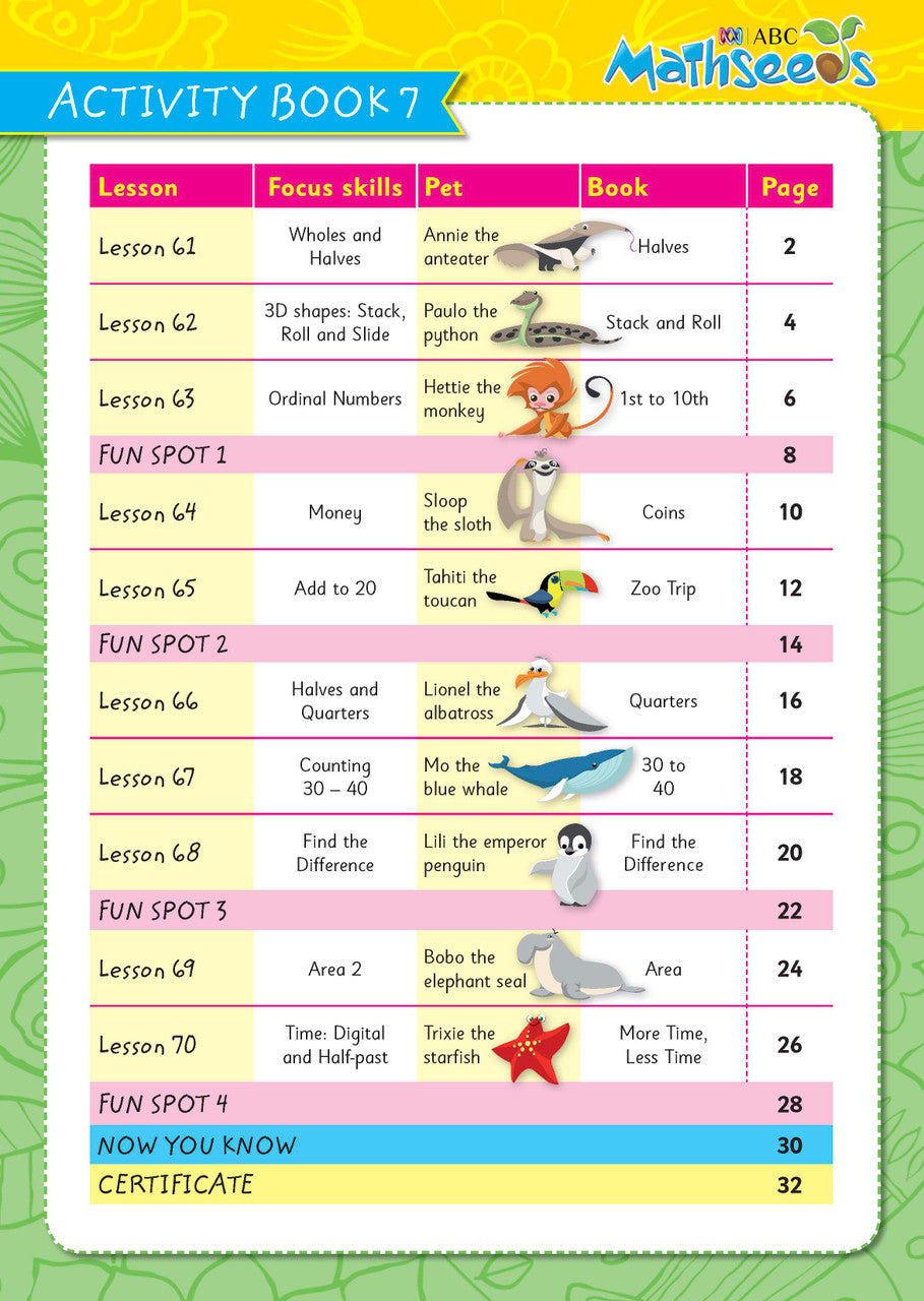 Sample page from ABC Mathseeds Activity Book 7 showing early maths activities for Level 2 Skill Building learners aged 4-6