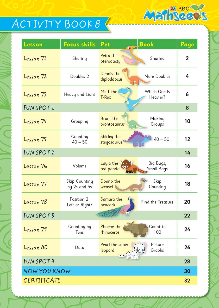 Sample page from ABC Mathseeds Activity Book 8 showing early maths activities for Level 2 Skill Building learners aged 4-6