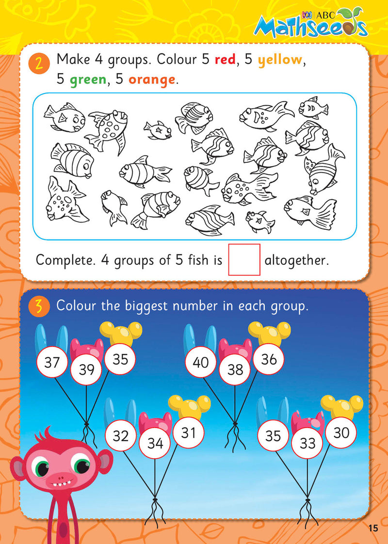 Sample page from ABC Mathseeds Activity Book 8 showing early maths activities for Level 2 Skill Building learners aged 4-6
