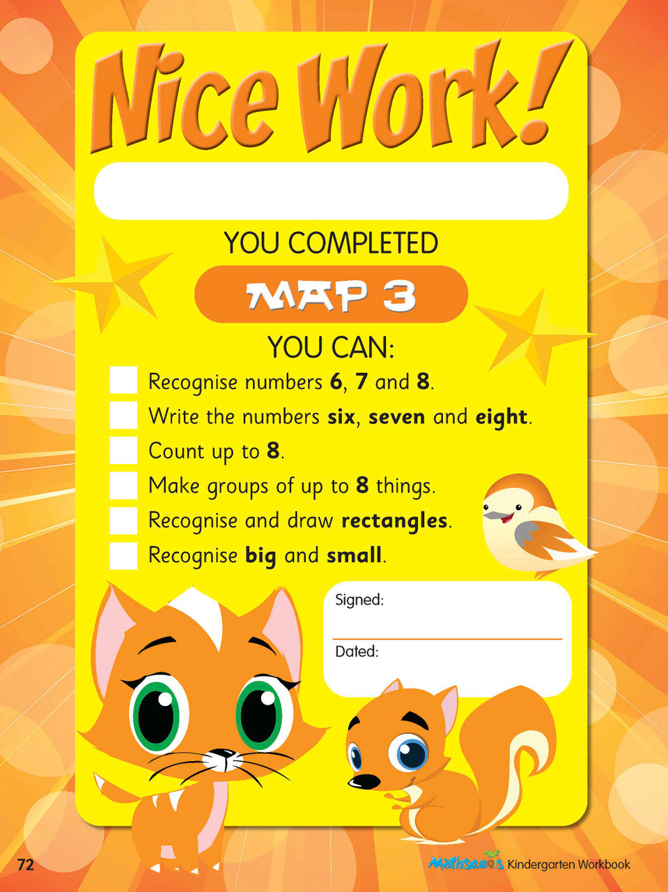 Interior activity page from the ABC Mathseeds Maths Skills Kindergarten workbook, showing full-colour lesson activities