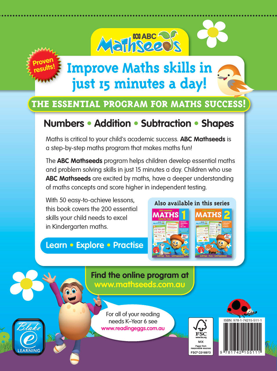 Sample interior page from the ABC Mathseeds Maths Skills Kindergarten workbook, showing full-colour lesson activities