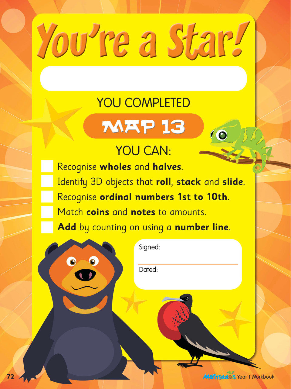 Interior activity page from the ABC Mathseeds Maths Skills Year 1 workbook, showing full-colour lesson activities