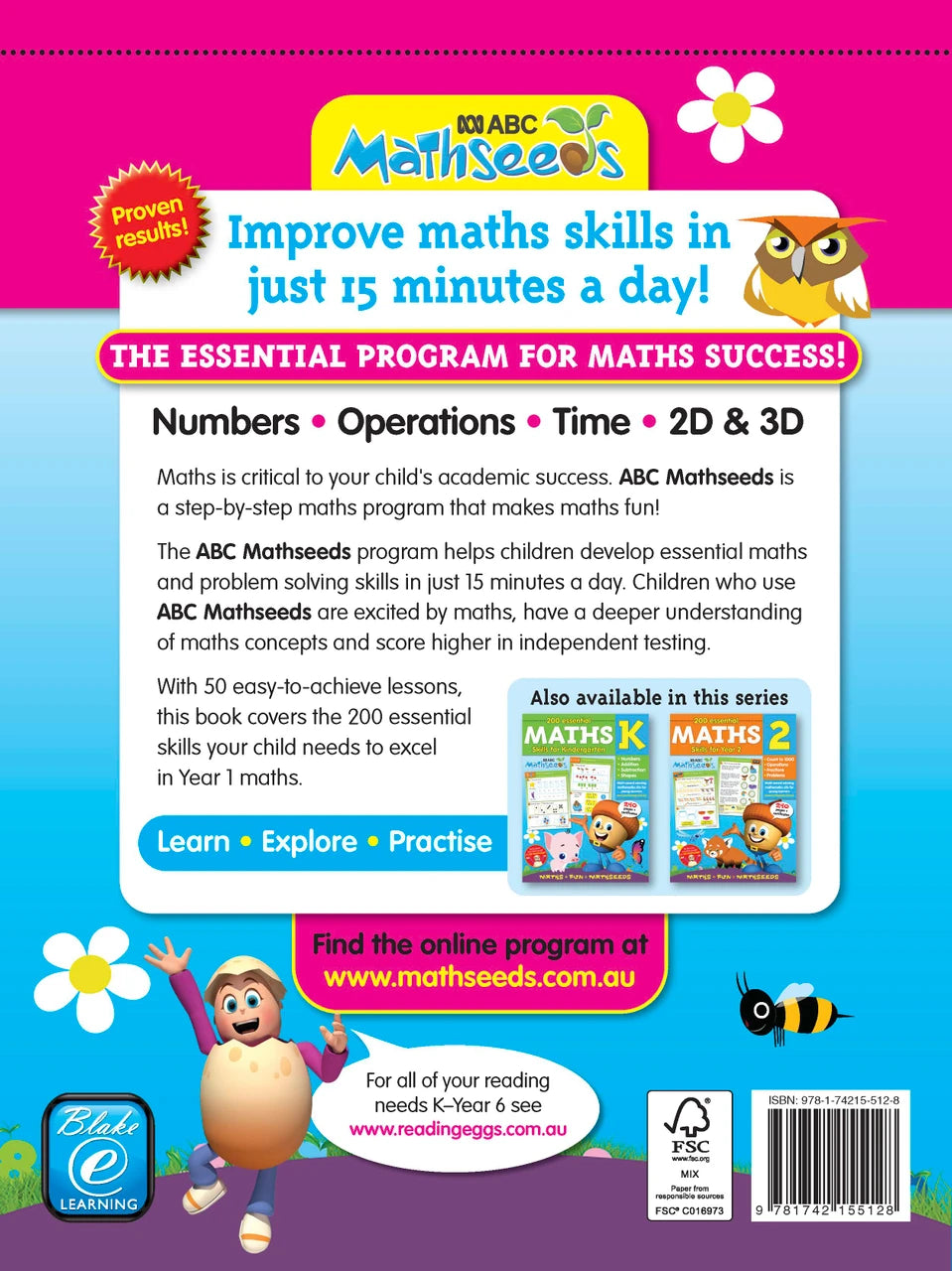 Sample interior page from the ABC Mathseeds Maths Skills Year 1 workbook, showing full-colour lesson activities