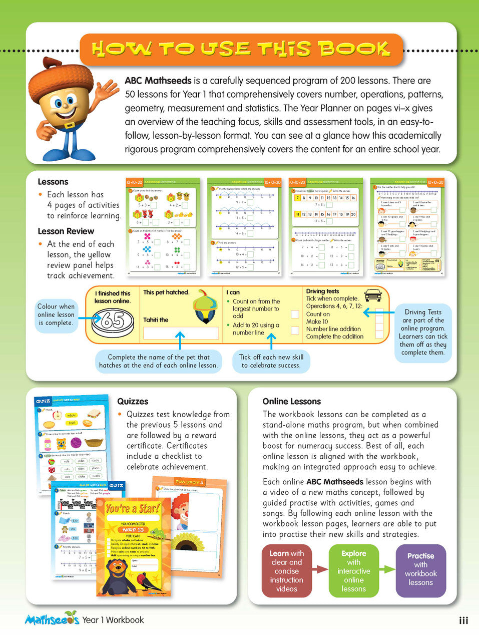 Sample interior page from the ABC Mathseeds Maths Skills Year 1 workbook, showing full-colour lesson activities