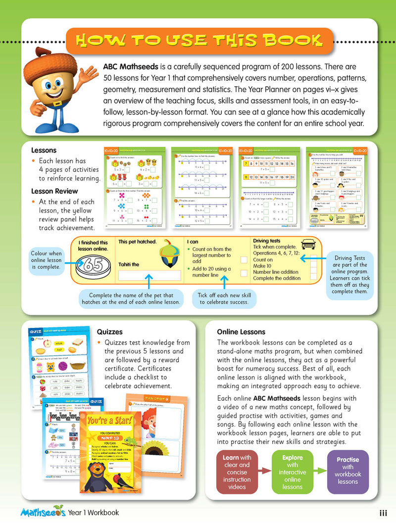 Sample interior page from the ABC Mathseeds Maths Skills Year 1 workbook, showing full-colour lesson activities