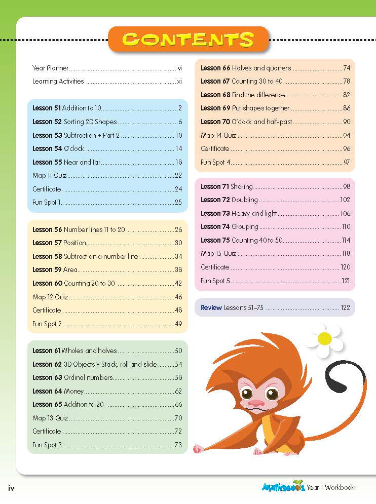 Example lesson worksheet from the ABC Mathseeds Maths Skills Year 1 workbook, showing full-colour lesson activities