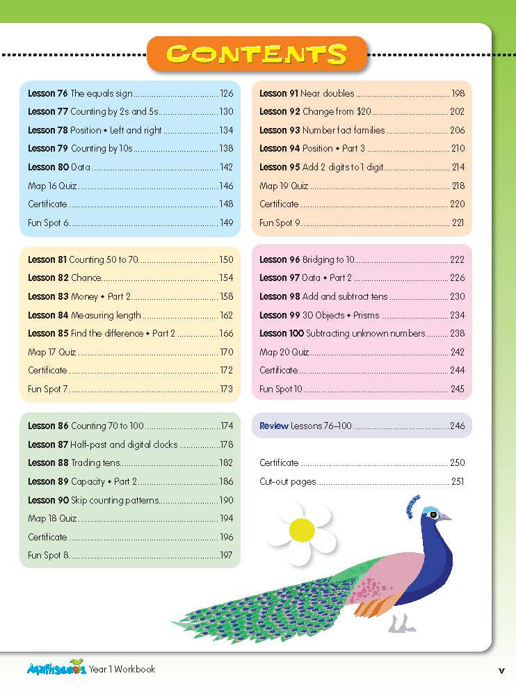 Inside page preview from the ABC Mathseeds Maths Skills Year 1 workbook, showing full-colour lesson activities