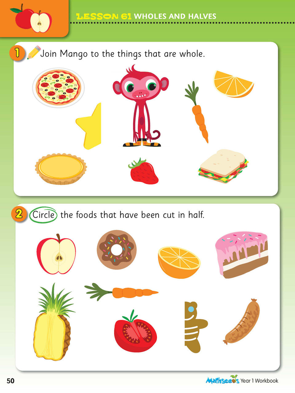 Interior activity page from the ABC Mathseeds Maths Skills Year 1 workbook, showing full-colour lesson activities
