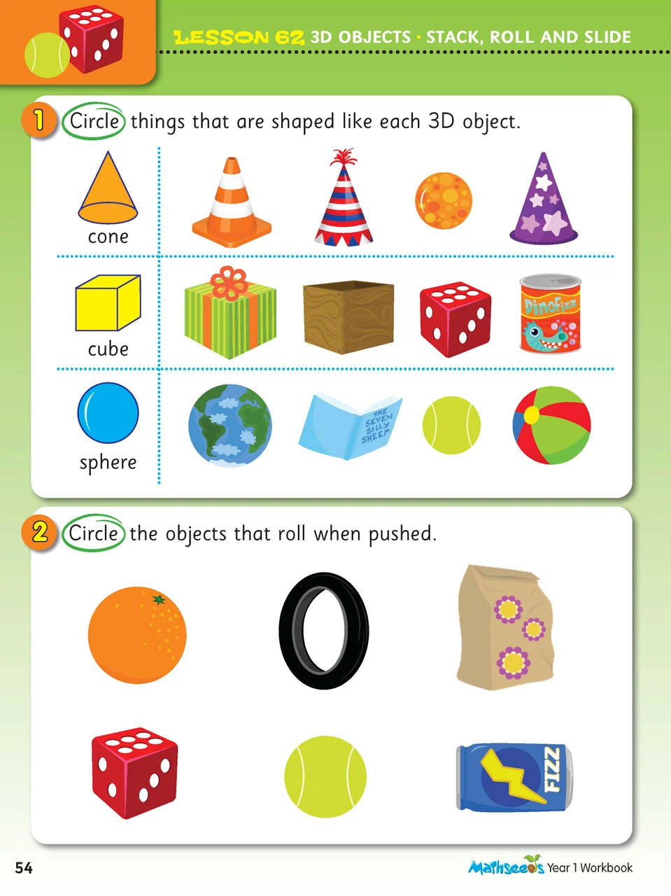 Sample interior page from the ABC Mathseeds Maths Skills Year 1 workbook, showing full-colour lesson activities