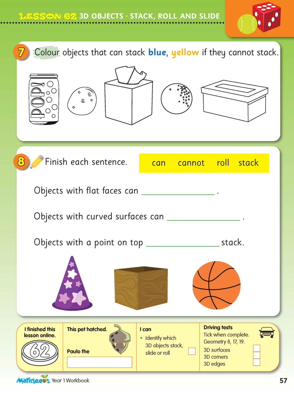 Example lesson worksheet from the ABC Mathseeds Maths Skills Year 1 workbook, showing full-colour lesson activities