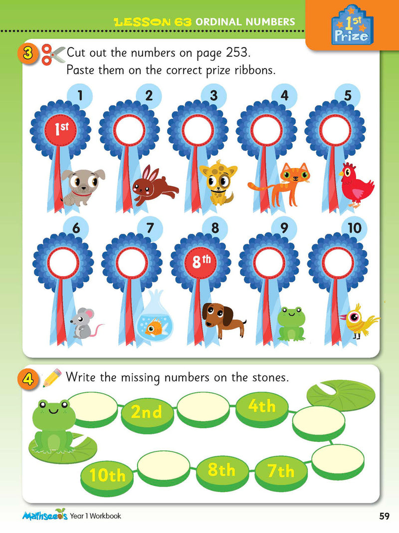 Inside page preview from the ABC Mathseeds Maths Skills Year 1 workbook, showing full-colour lesson activities
