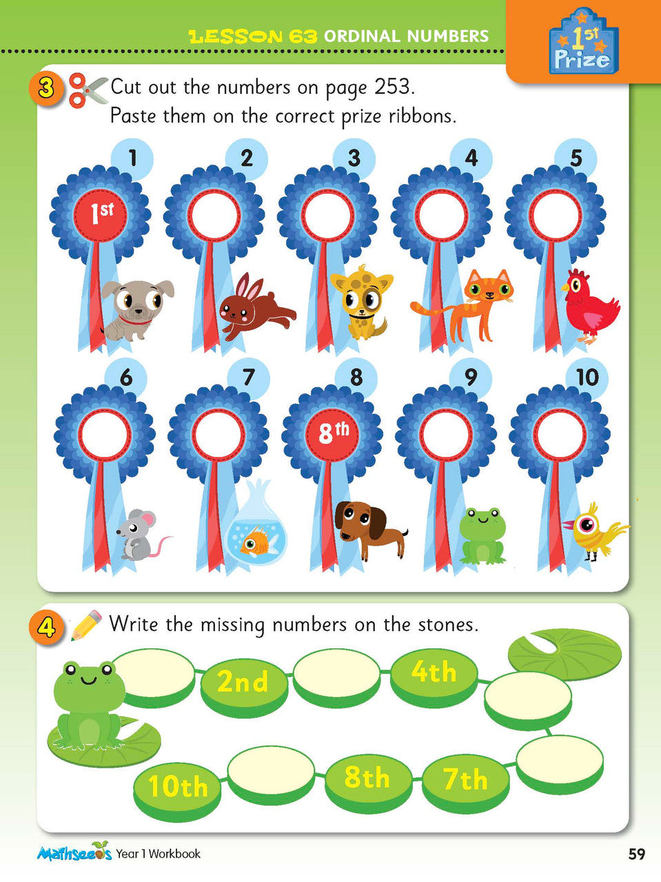 Inside page preview from the ABC Mathseeds Maths Skills Year 1 workbook, showing full-colour lesson activities