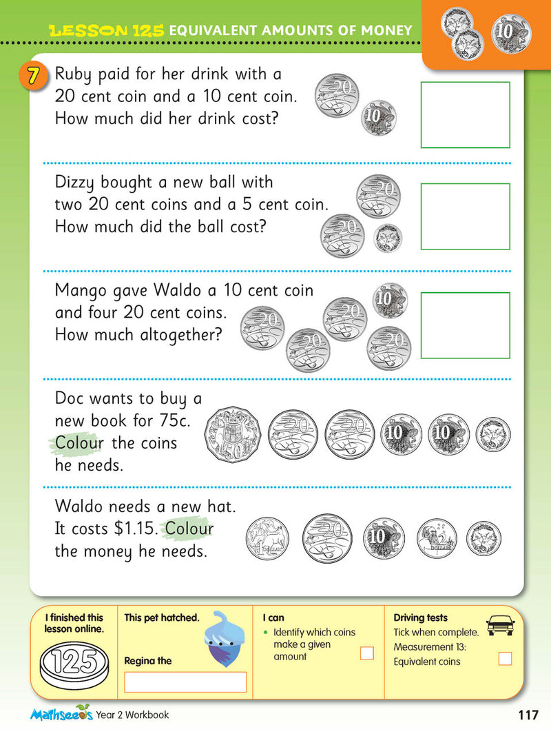 Sample practice page from the ABC Mathseeds Maths Skills Year 2 workbook, showing full-colour lesson activities