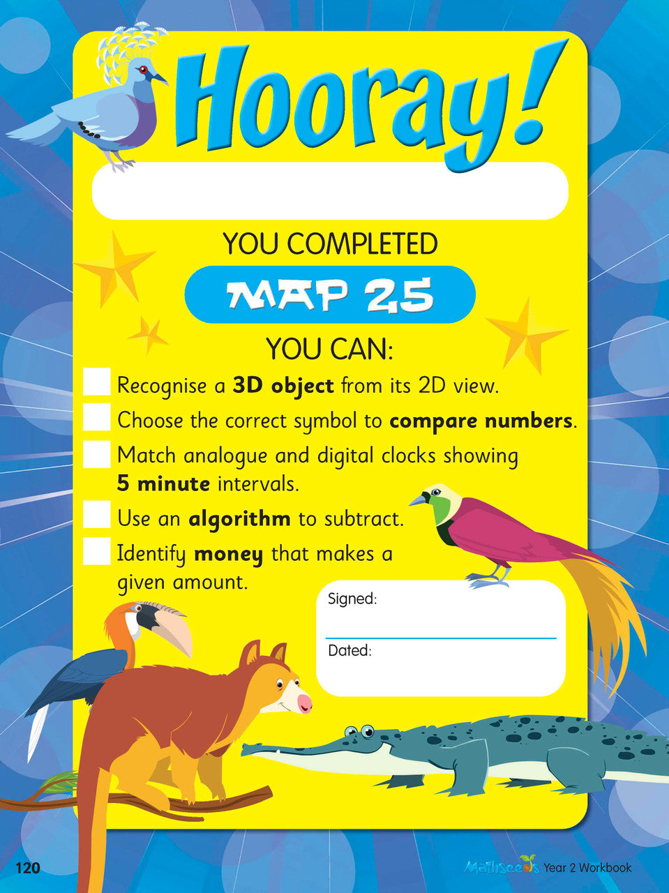 Interior activity page from the ABC Mathseeds Maths Skills Year 2 workbook, showing full-colour lesson activities