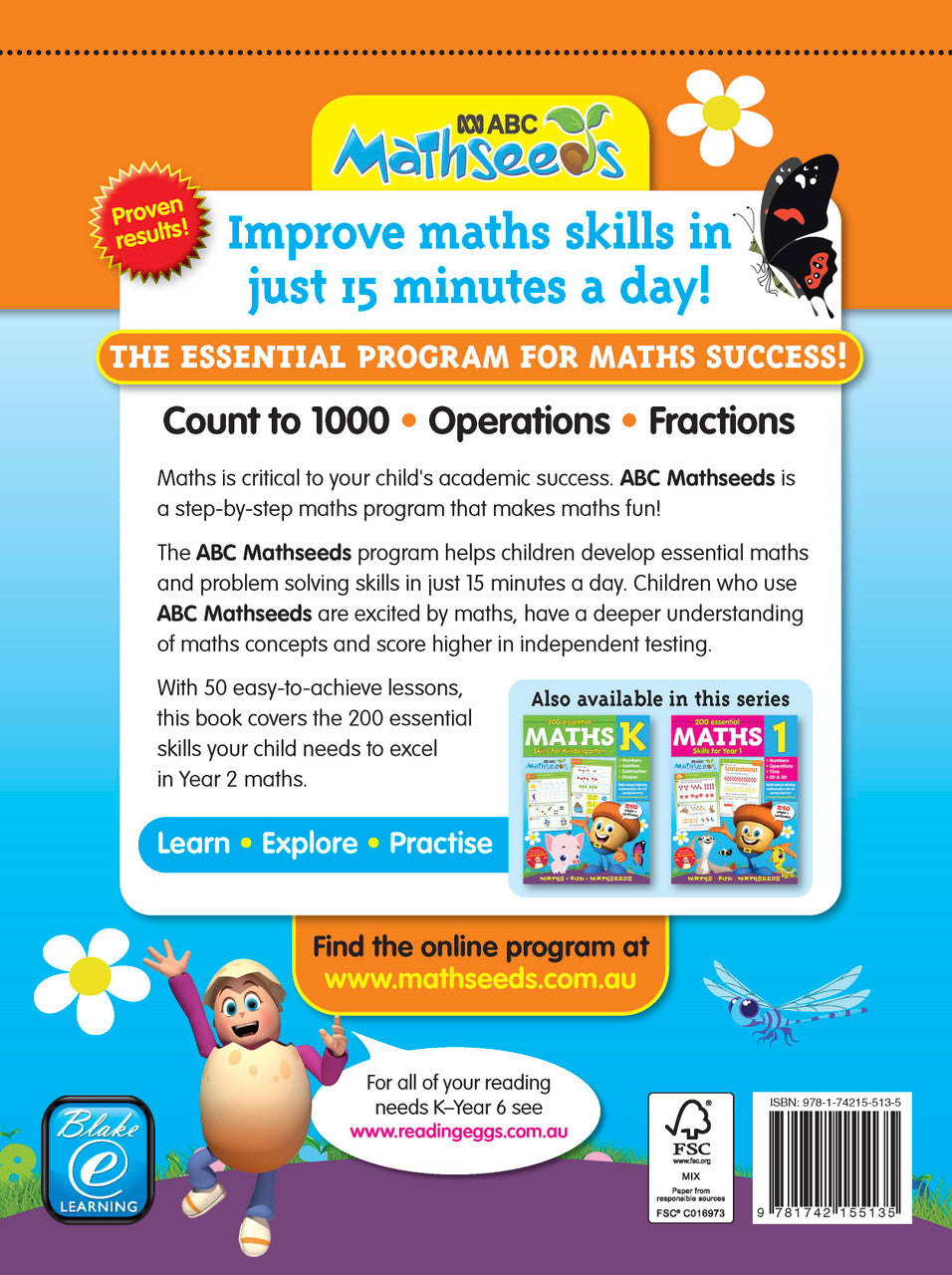 Sample interior page from the ABC Mathseeds Maths Skills Year 2 workbook, showing full-colour lesson activities